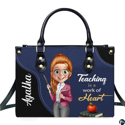 Female teacher art accessory alongside companion piece featuring illustrated instructor, antique books, and red apple.