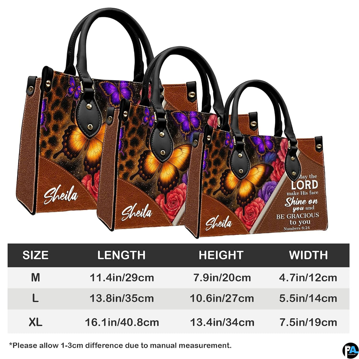 Dimensions diagram displaying size measurements for leopard butterfly handbag and matching wallet.