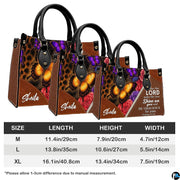 Dimensions diagram displaying size measurements for leopard butterfly handbag and matching wallet.