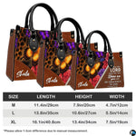 Dimensions diagram displaying size measurements for leopard butterfly handbag and matching wallet.