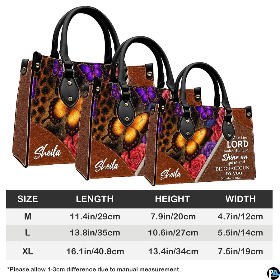 Dimensions diagram displaying size measurements for leopard butterfly handbag and matching wallet.
