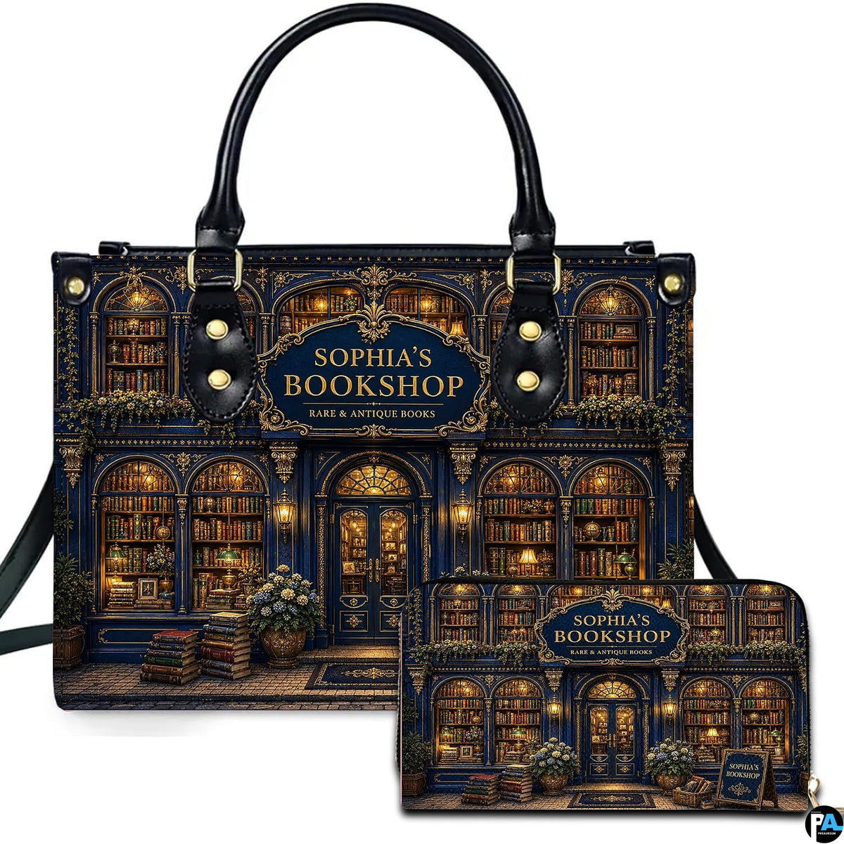 Front view of accessory set featuring navy blue and gold baroque bookstore facade with arched book display windows