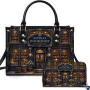 Front view of accessory set featuring navy blue and gold baroque bookstore facade with arched book display windows