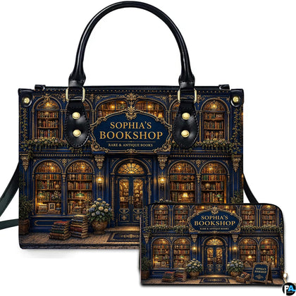 Front view of accessory set featuring navy blue and gold baroque bookstore facade with arched book display windows