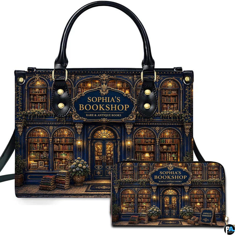 Front view of accessory set featuring navy blue and gold baroque bookstore facade with arched book display windows