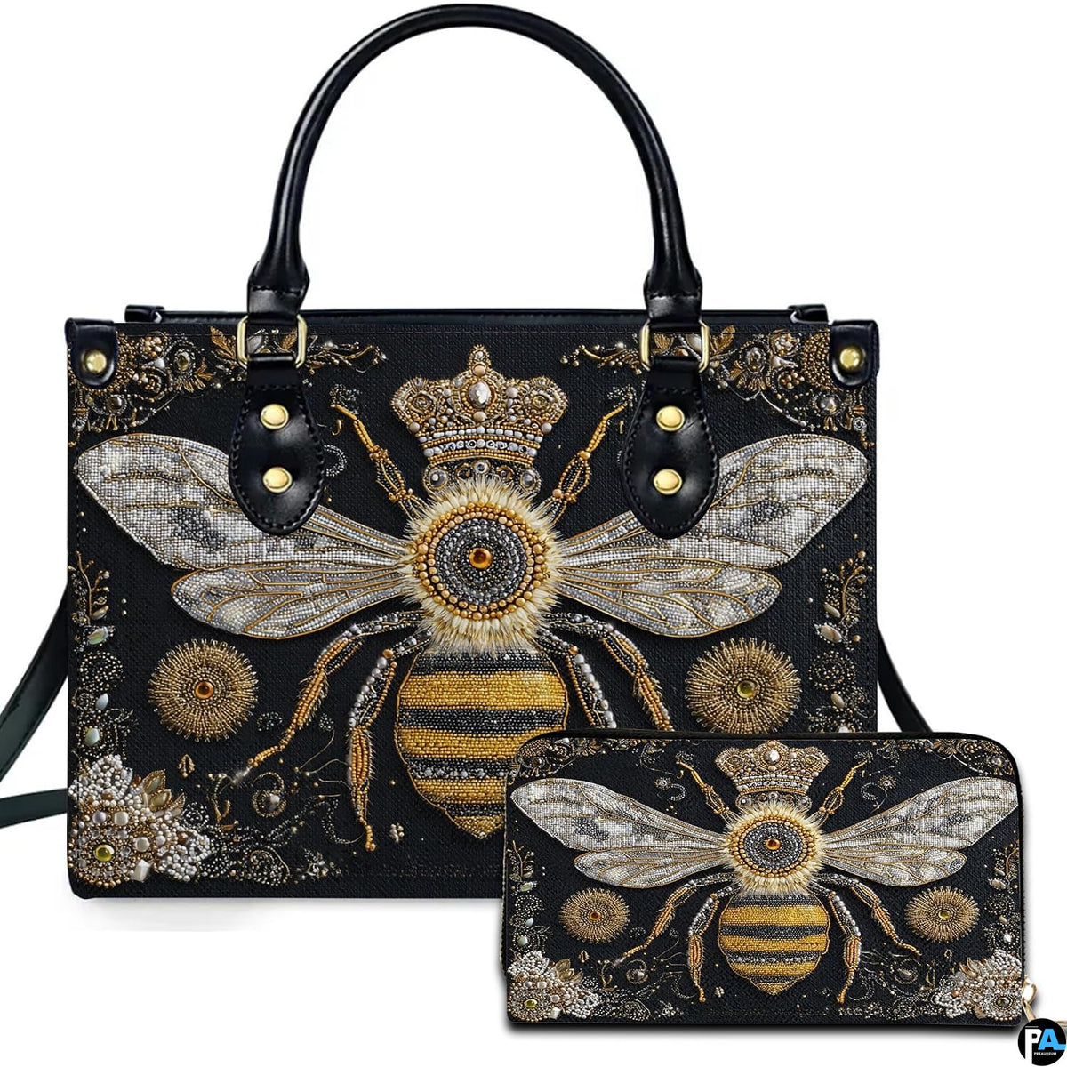 Front view of baroque queen bee handbag and matching wallet set with golden sunburst medallions.