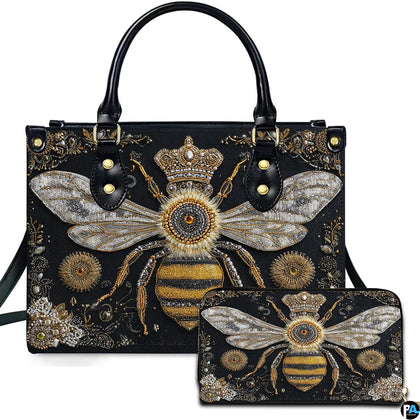 Front view of baroque queen bee handbag and matching wallet set with golden sunburst medallions.