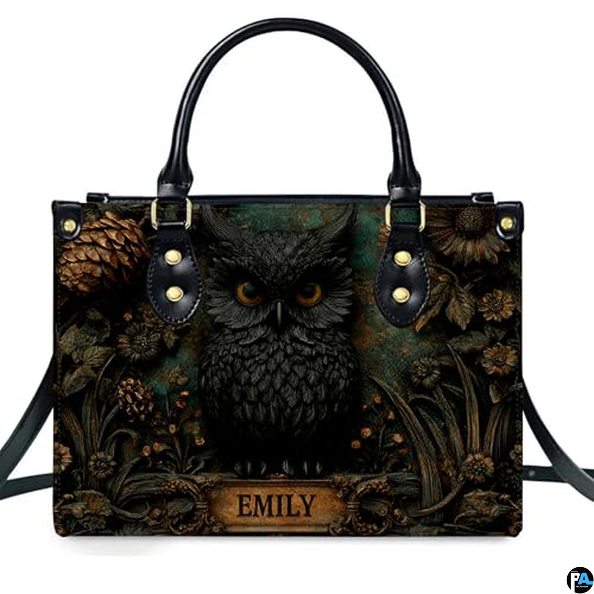Personalized Black Owl Forest Scene Shoulder Bag, Gift for Her