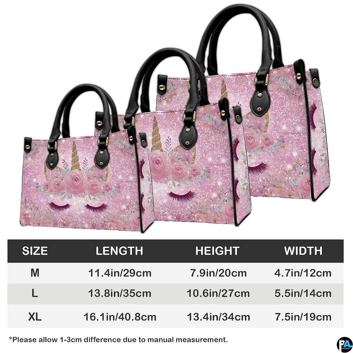 Coordinated display showing both handbag and wallet with matching unicorn artwork.