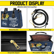 Detailed front view of matching personal organizer displaying coordinating scripture denim artwork