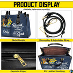Detailed front view of matching personal organizer displaying coordinating scripture denim artwork