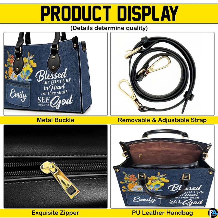 Detailed front view of matching personal organizer displaying coordinating scripture denim artwork