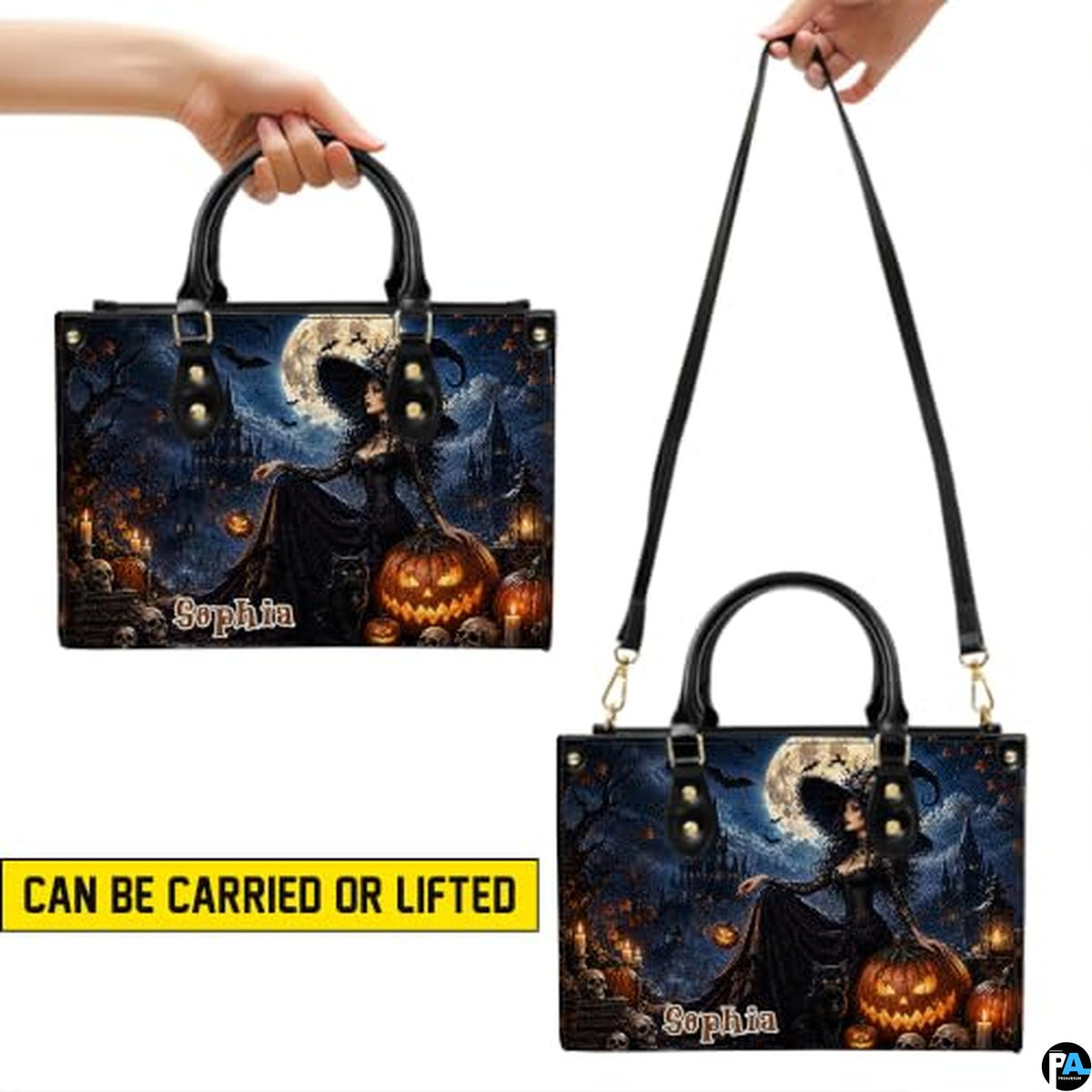 Personalized Bat Pumpkin Woman with a witch. Handbag