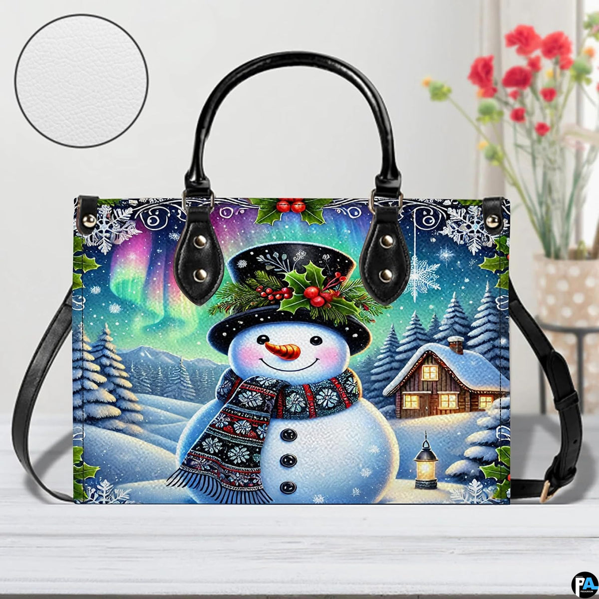 Measurement chart indicating product dimensions for winter snowman handbag.