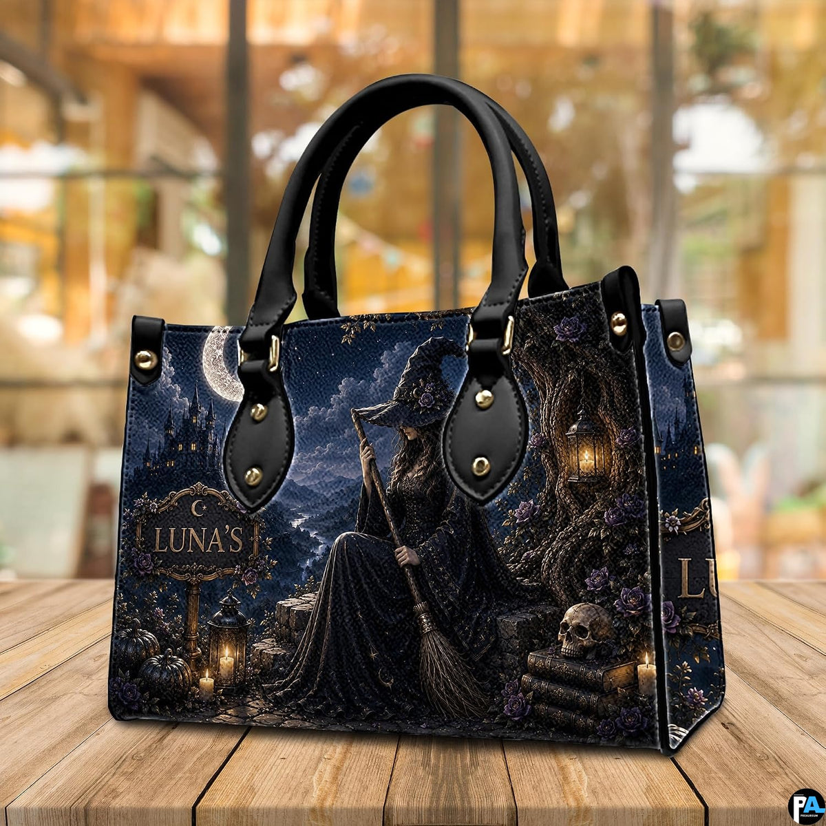 Indoor tabletop scene presenting the dark witch art accessory in warm ambient illumination.