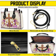 Detailed views of the purple cross handbag construction, golden accents, and patterned exterior.