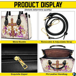 Detailed views of the purple cross handbag construction, golden accents, and patterned exterior.