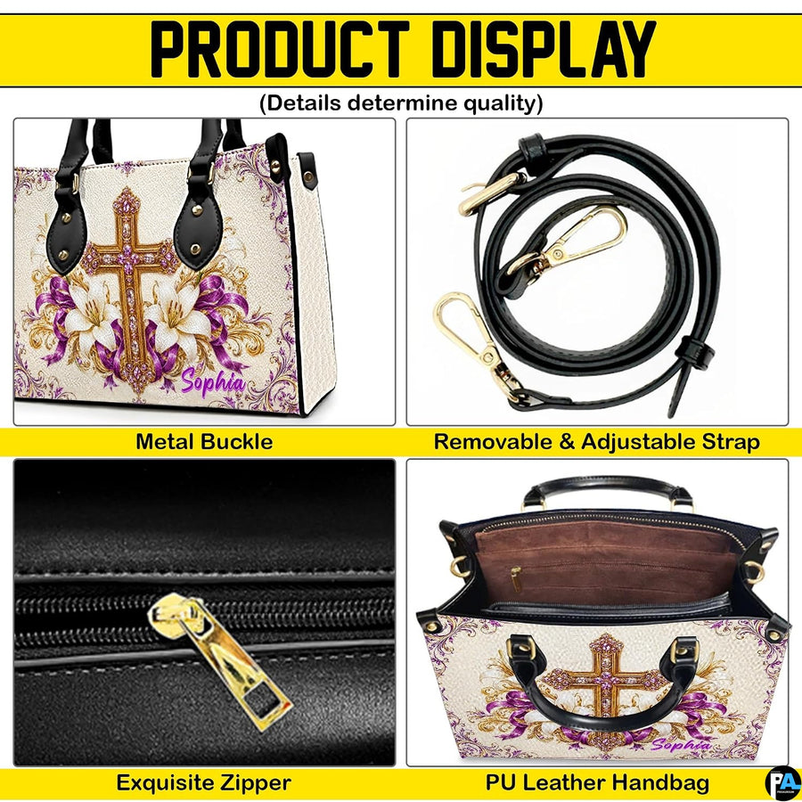 Detailed views of the purple cross handbag construction, golden accents, and patterned exterior.
