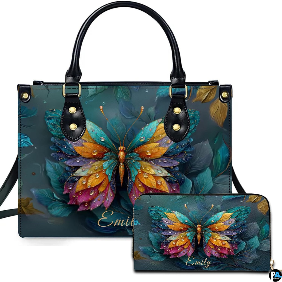 Front view of butterfly handbag and wallet set featuring vibrant dewy butterfly artwork on dark teal