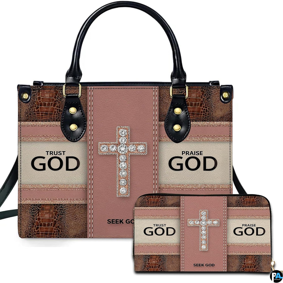 Inspirational faith crystal cross handbag and matching wallet set with crocodile textured panels.