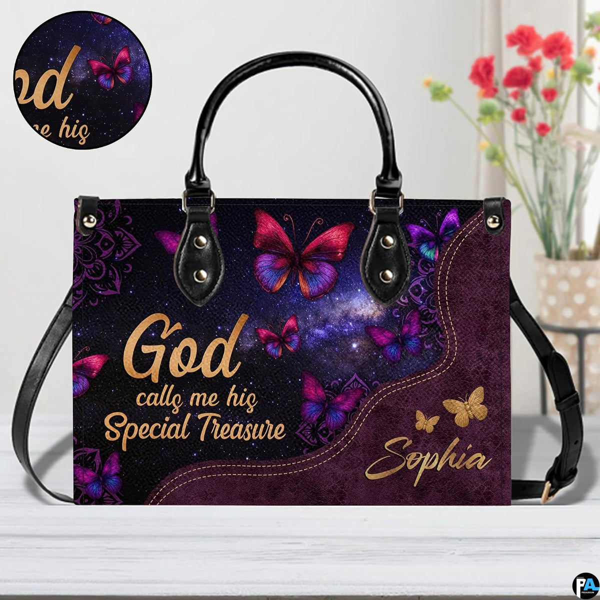 Top view showing black carrying handles and main zippered opening of galaxy butterfly purse.