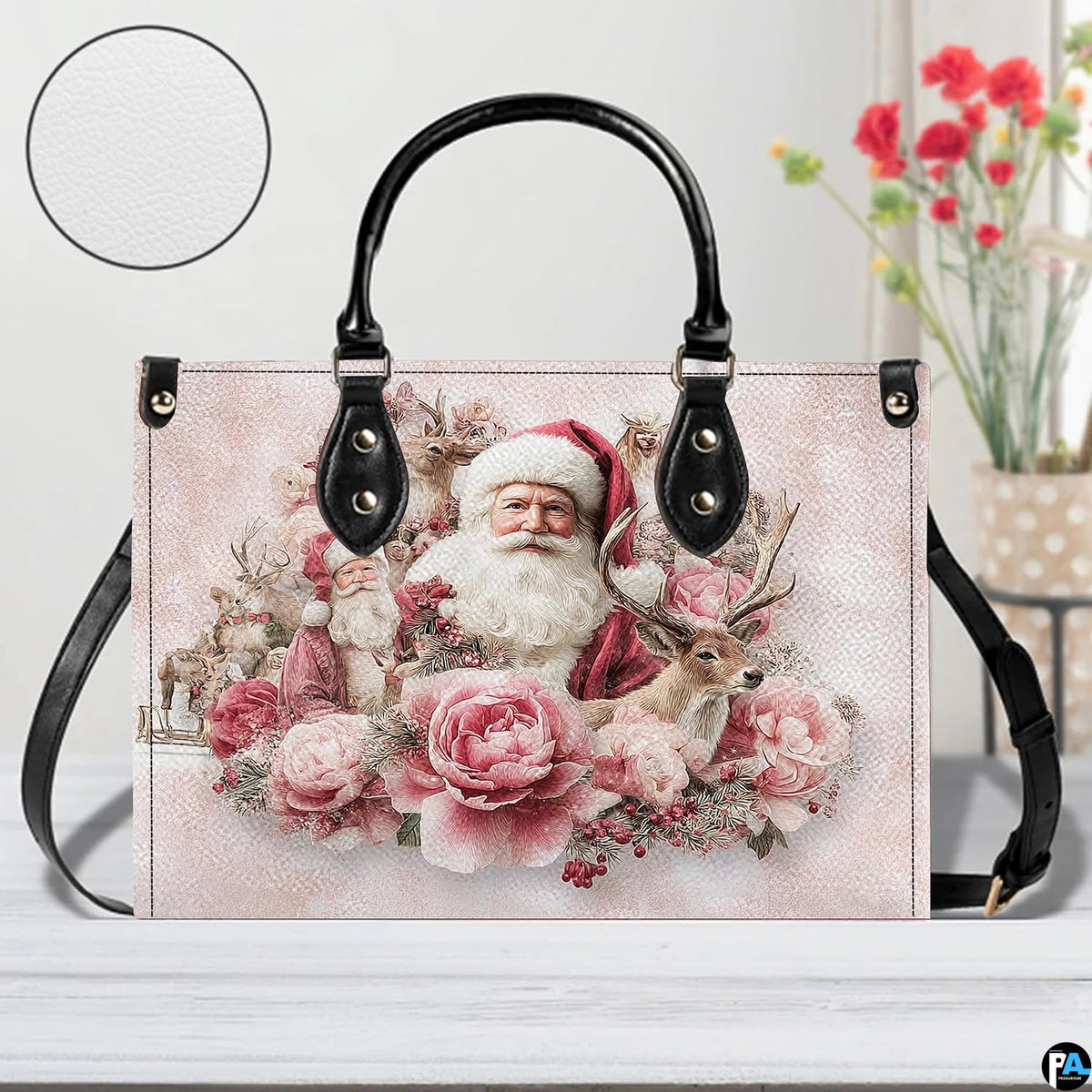 Front perspective highlighting detailed Victorian Santa Claus portrait surrounded by blooming blush pink roses.