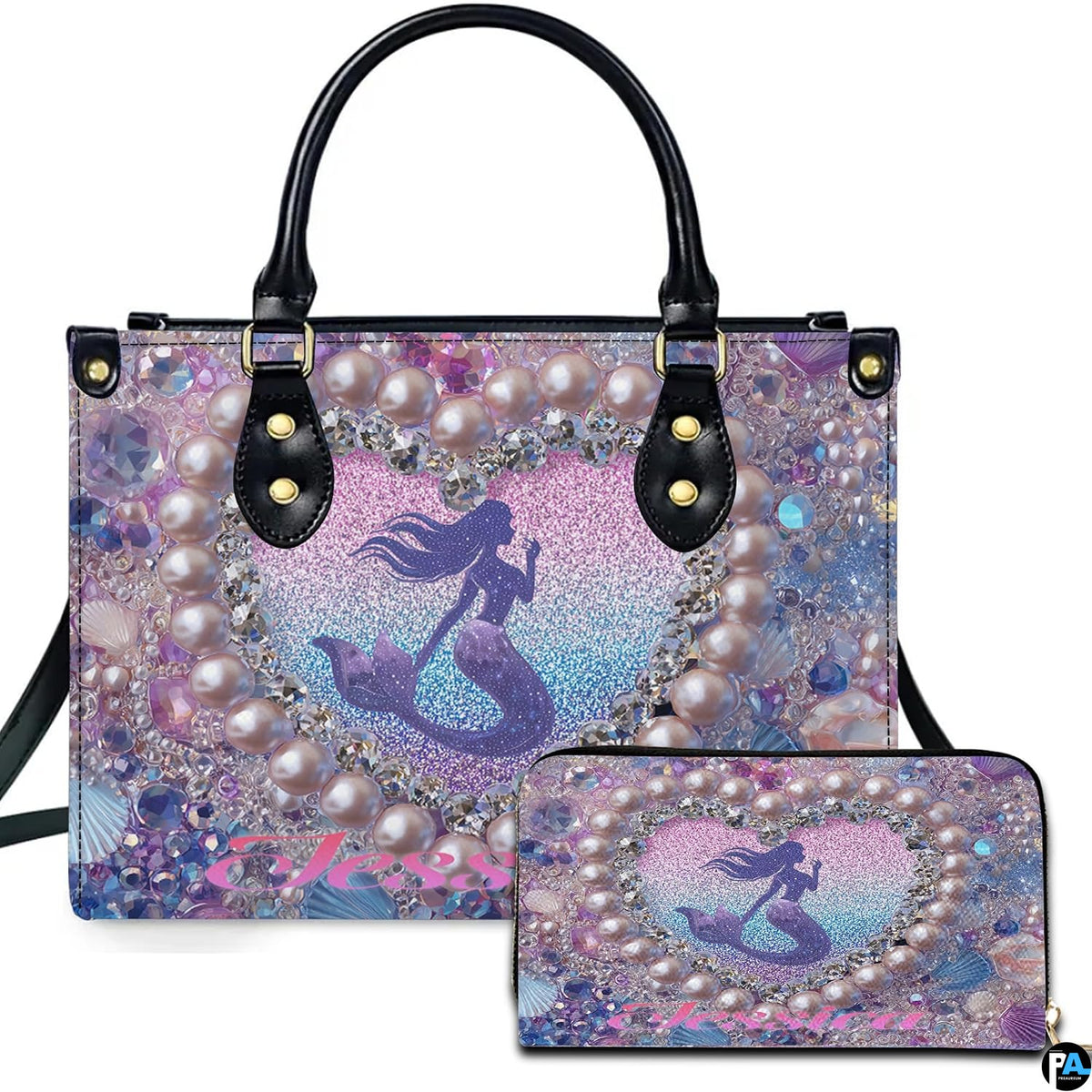 Front view of mermaid heart handbag and matching wallet set with pastel ocean glitter artwork.