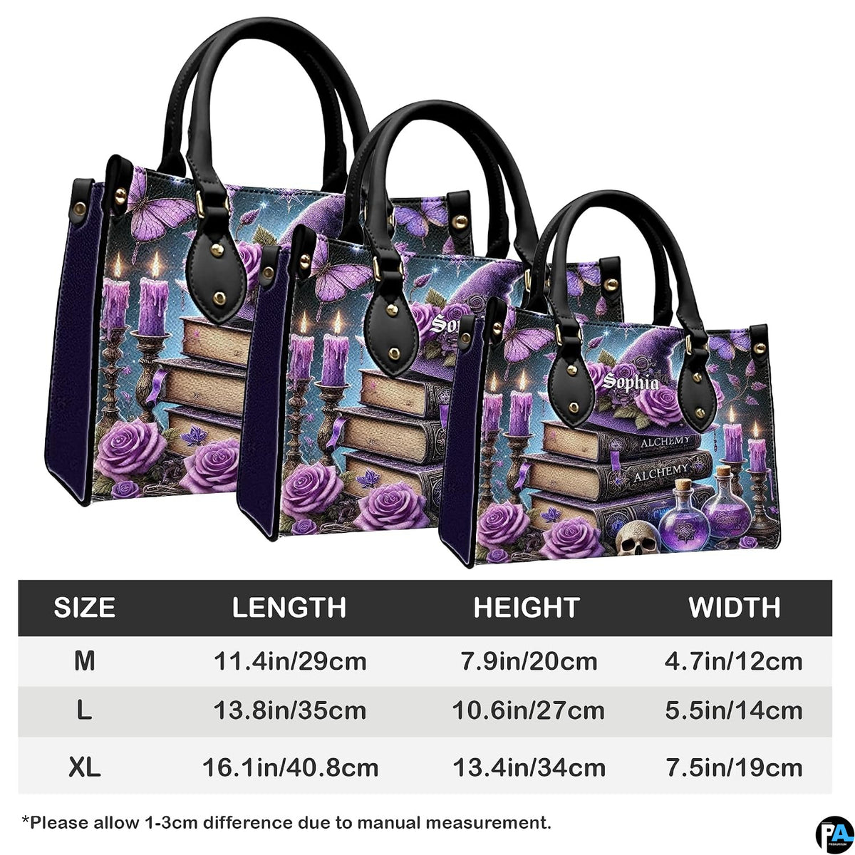 Measurement specification chart displaying medium, large, and extra-large handbag dimensions.