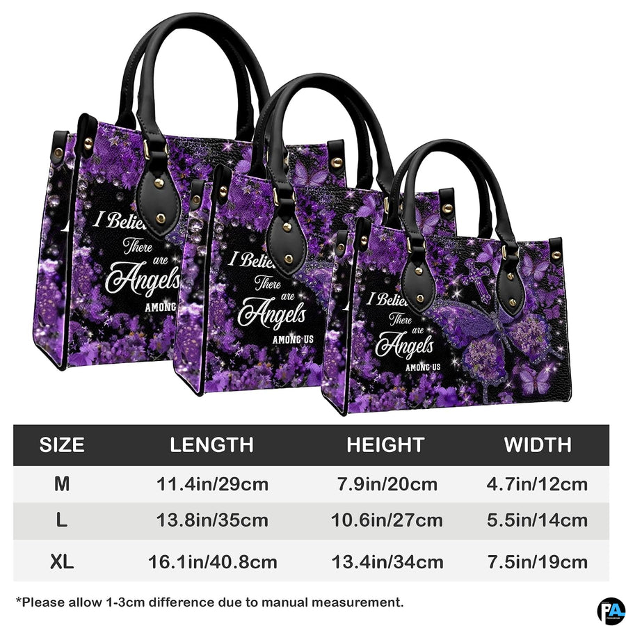 Top-down view of purple hydrangea butterfly cross handbag showing dual carrying handles.