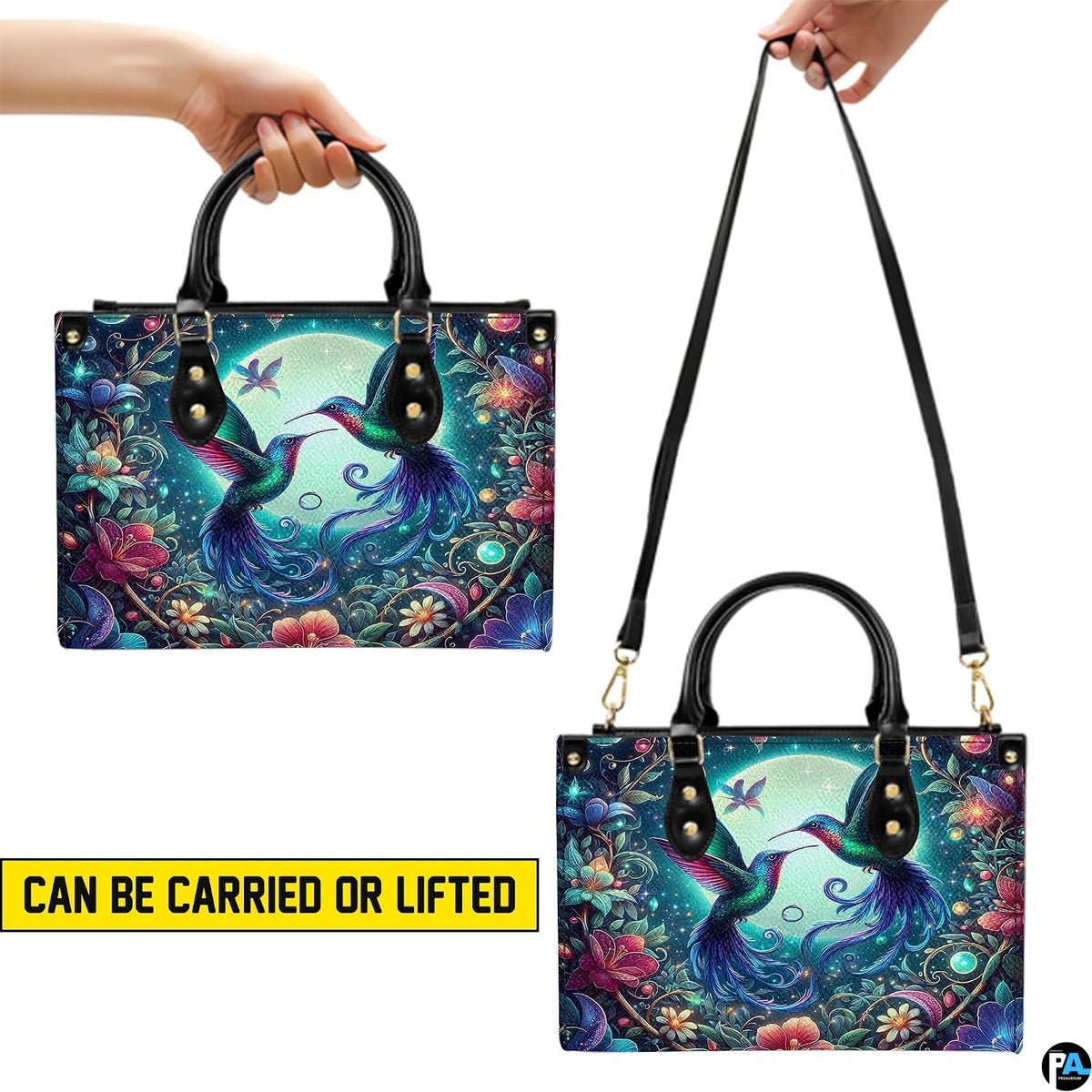 Handbag displayed in two carrying styles held by top handle and shoulder strap on white background.
