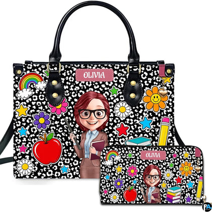 Cartoon teacher art accessory and companion piece depicting smiling educator among school stickers and spotted print.