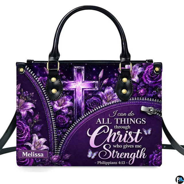 Purple cross purse with luminous cross, roses, lilies and butterfly accents