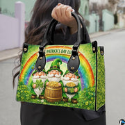 Model carrying three leprechaun handbag with rainbow and gold coins