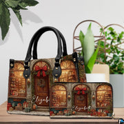 Street perspective of the holiday village storefront shoulder bag.