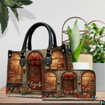Street perspective of the holiday village storefront shoulder bag.