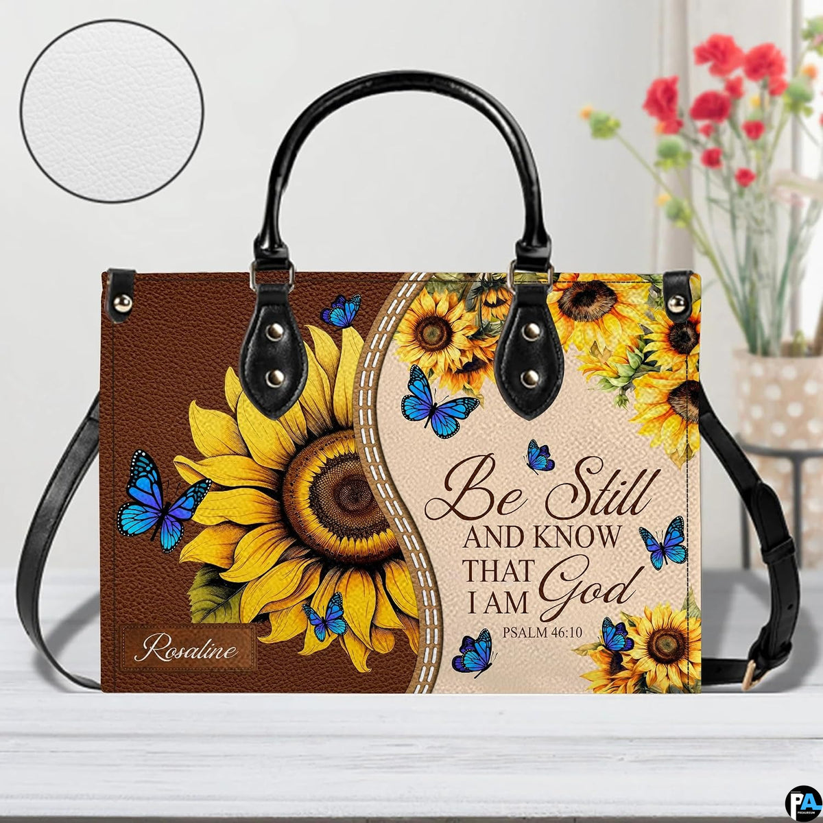 Side profile showing structured silhouette and brown textured finish of sunflower handbag.