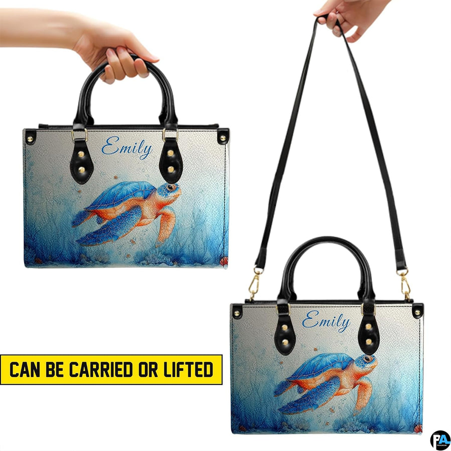 Matching wallet displaying the cerulean blue and peach watercolor sea turtle.