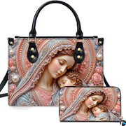Sleeping Madonna and Child handbag and matching wallet set with sculpted pink roses