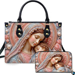 Sleeping Madonna and Child handbag and matching wallet set with sculpted pink roses