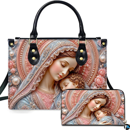 Sleeping Madonna and Child handbag and matching wallet set with sculpted pink roses
