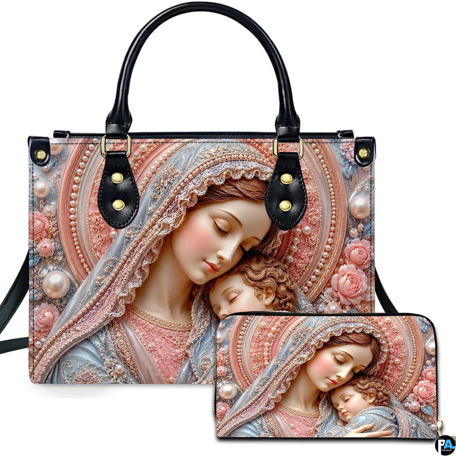 Sleeping Madonna and Child handbag and matching wallet set with sculpted pink roses
