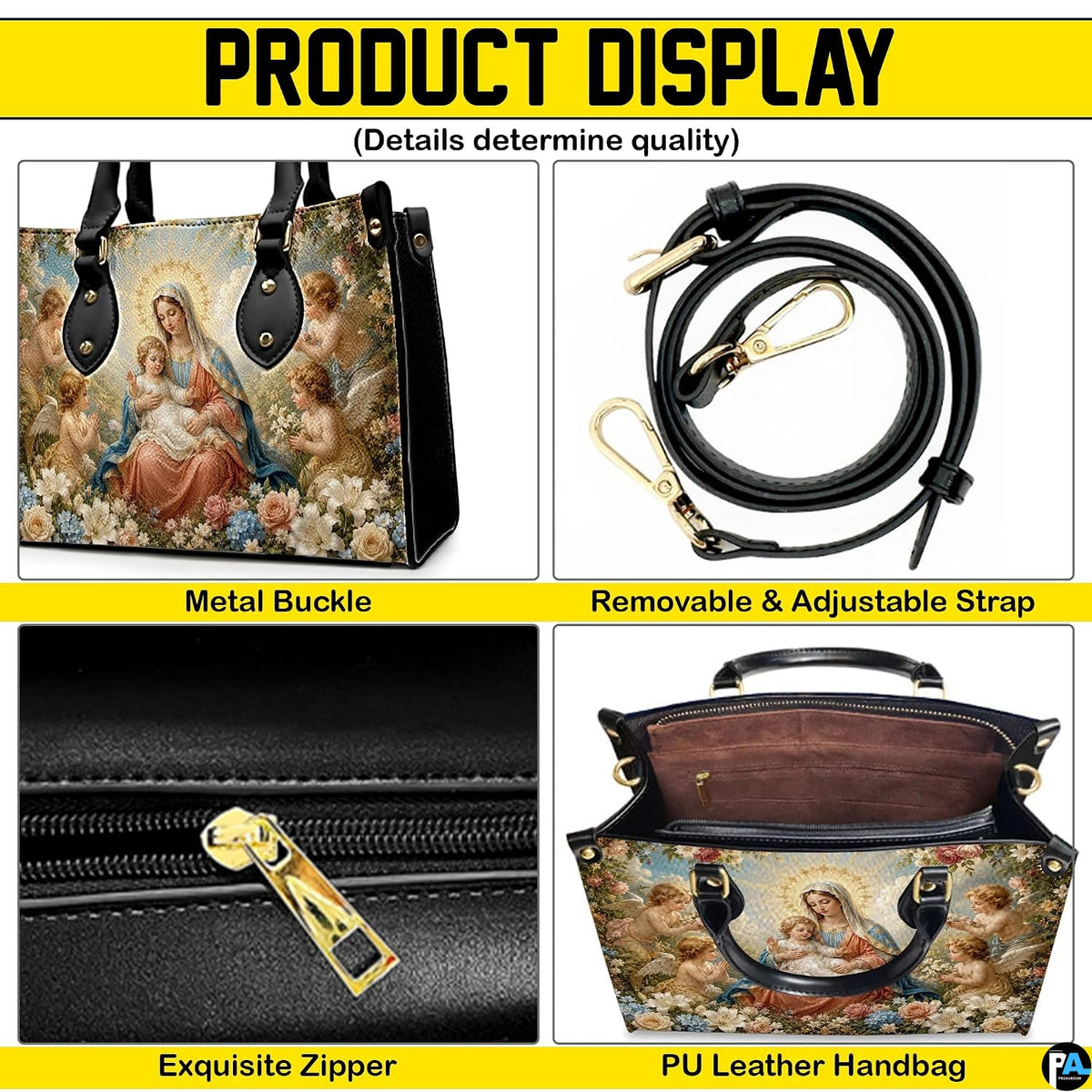 Top view of Renaissance Madonna handbag displaying top zipper opening and carry handles