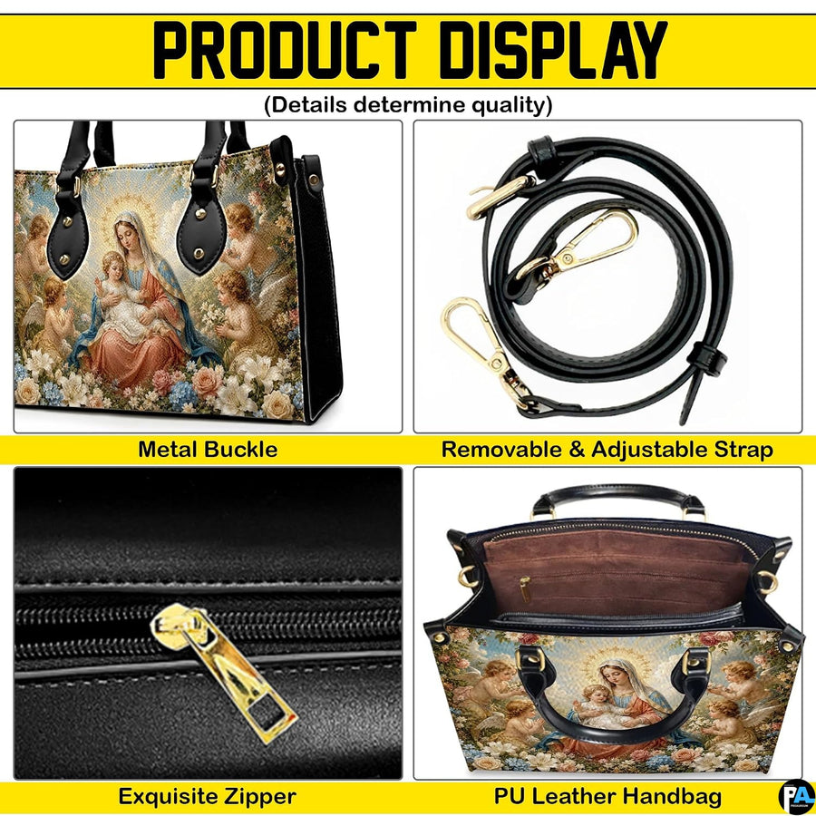 Top view of Renaissance Madonna handbag displaying top zipper opening and carry handles