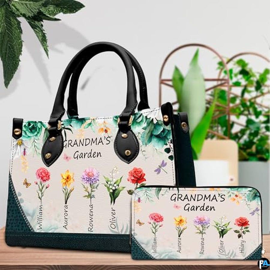 Mothers Day Gift Leather Bag- Personalized Grandmas Purse With Grandkids Names, Grandma Handbag Birthday Gifts For Mom Women