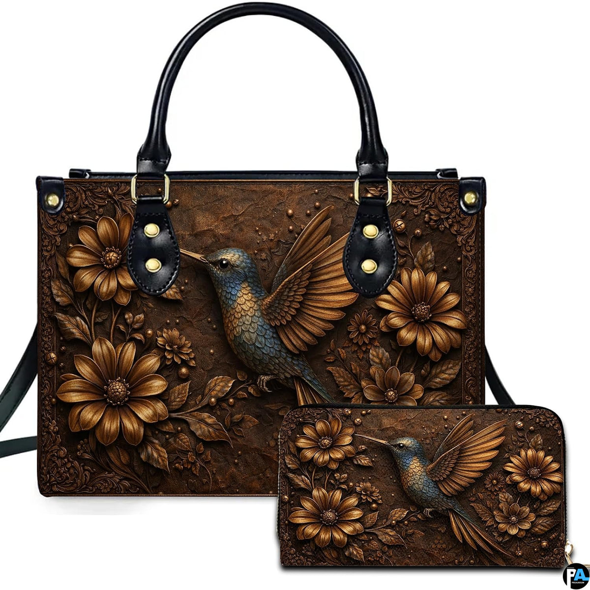 Front view of bronze hummingbird handbag and matching wallet featuring embossed floral daisies and scrollwork.