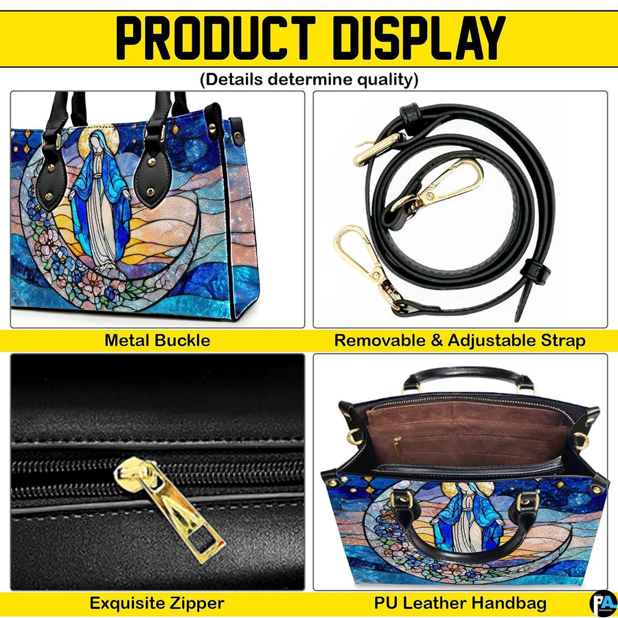 Product display overview showing shoulder strap, zipper top closure, metal buckle details, and interior.