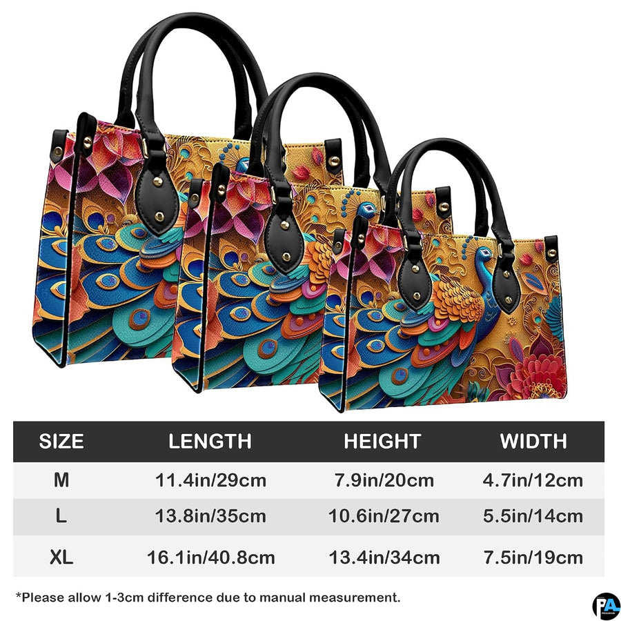 Three sizes of colorful peacock floral handbag