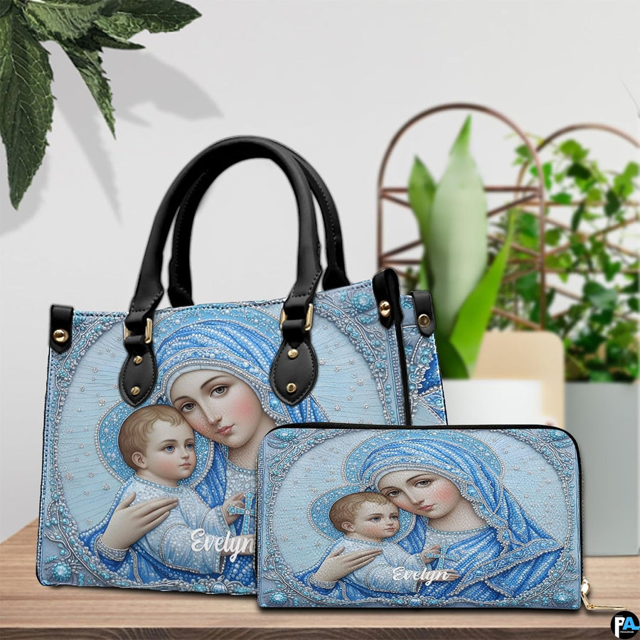 Back view of jeweled sky-blue beadwork mosaic handbag