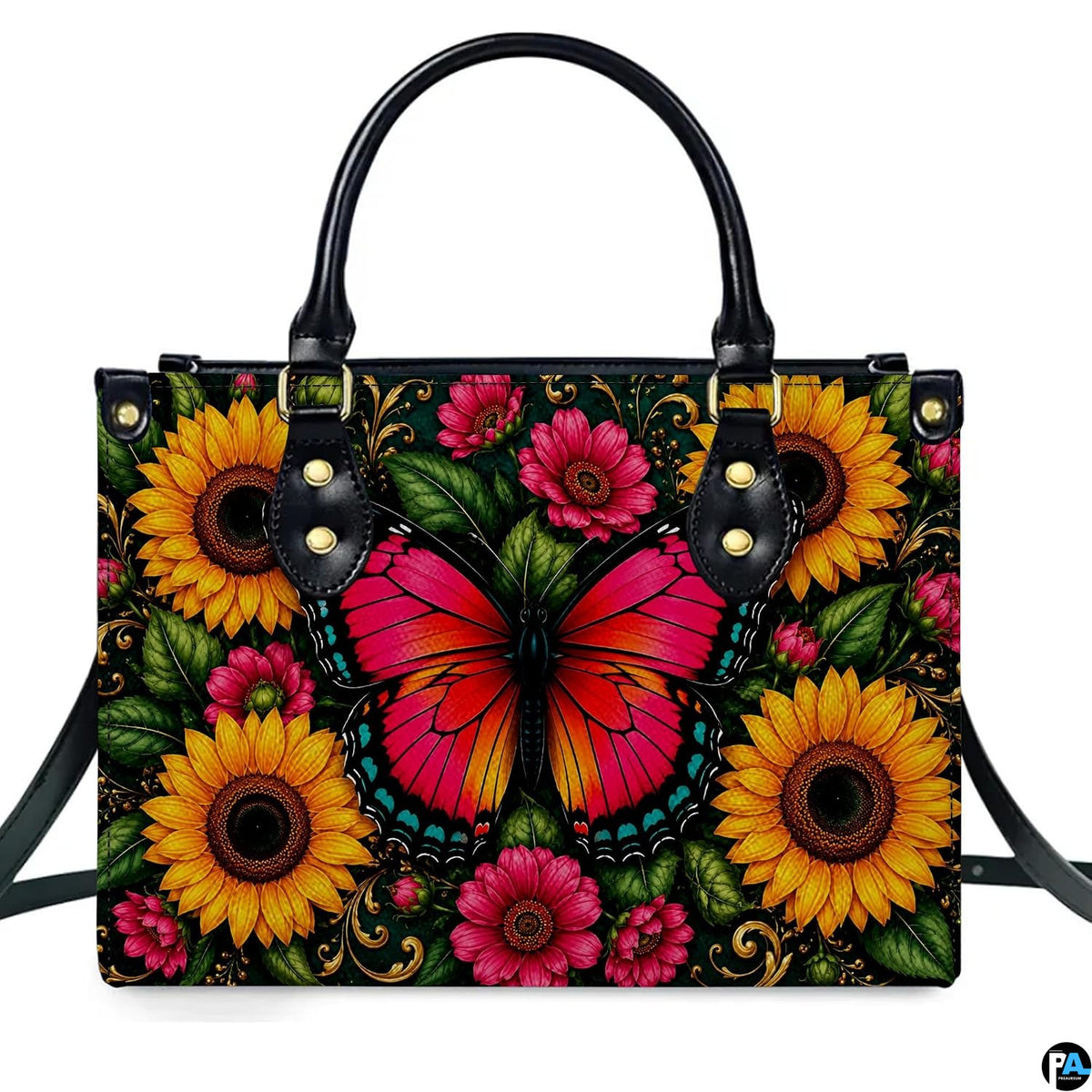 Direct front studio view showcasing the pink monarch butterfly and blooming golden sunflowers on white surface.