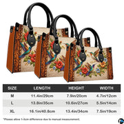 Graduated trio of medium, large, and extra-large handbags with dimensions measurement chart.